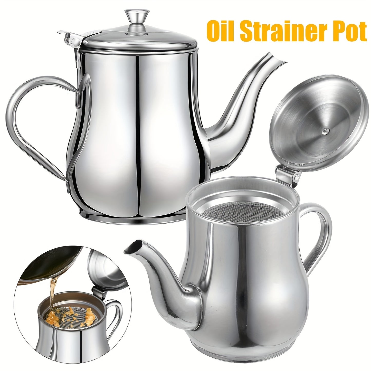 2pcs Stainless Steel Oil Strainer Pot, 13oz + 18oz Grease Container with Fine Mesh Strainer, Oil Dispensing Bottles Oil Storage Can for Home Kitchen