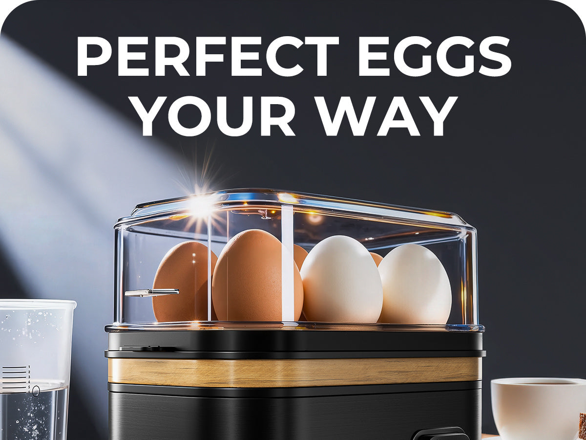 Woodgrain Egg Cooker - 6-Egg Electric Boiler with Natural Wood Finish, Auto Shut-Off for Perfect Soft/ Medium/ Hard Boiled, BPA-Free, Measuring Cup Included