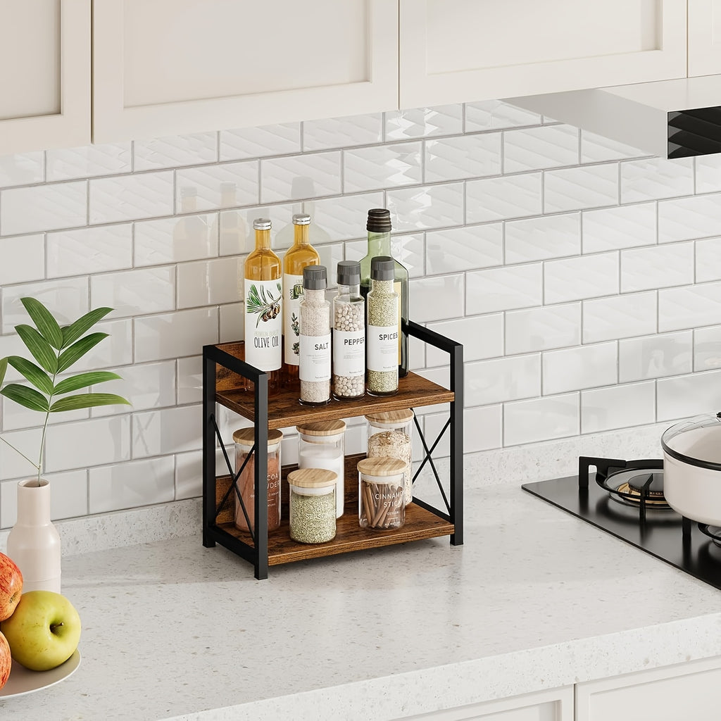 Rustic Brown 2-Tier Countertop Organizer - Wood And Metal Spice Rack for Kitchen, Coffee Station Storage Shelf with Open Design