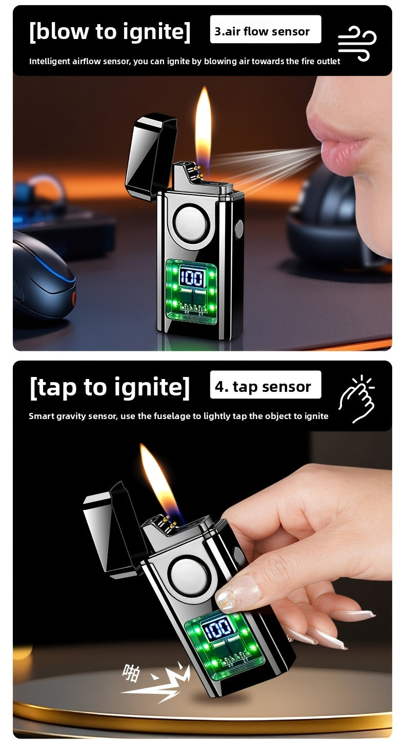 Three-flame Windproof Dual-Jet Flame Lighter, Inflatable Lighter With Electric Charge Display, Voice Controlled, And Capable Of Shaking Ignition, Direct Fire, Double Arc, Suitable For Outdoor Camping And Daily Use, The Ideal Gift Choice For Men