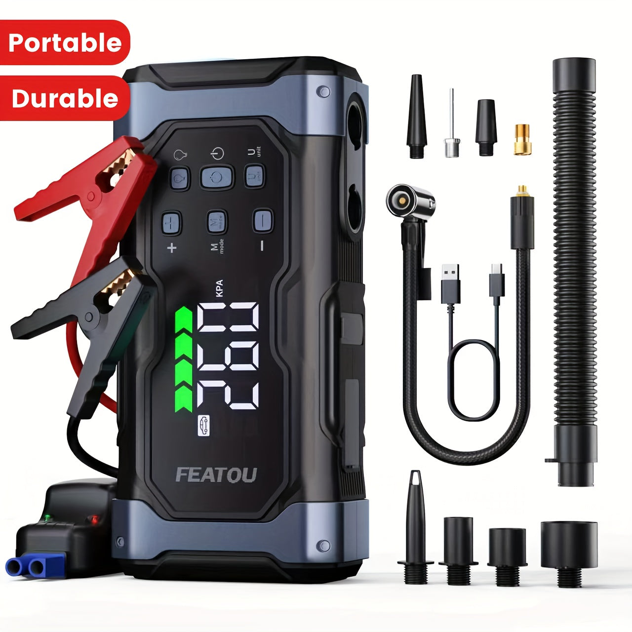 FEATOU High-Power 9000A Jump Starter with Air Compressor/Tire Inflator, 12V Jumper Box for Car(All Gas/14L Diesel), 9in 1 Portable Jump Starter Power Pack, Jump Starter Battery Pack, Heavy Duty Portable Jump Starter, Christmas Gifts