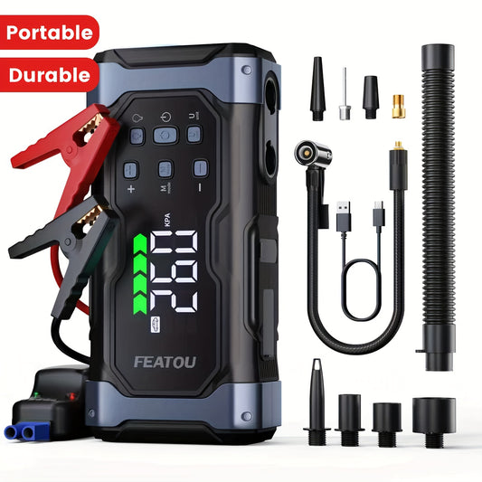 FEATOU High-Power 9000A Jump Starter with Air Compressor/Tire Inflator, 12V Jumper Box for Car(All Gas/14L Diesel), 9in 1 Portable Jump Starter Power Pack, Jump Starter Battery Pack, Heavy Duty Portable Jump Starter, Christmas Gifts