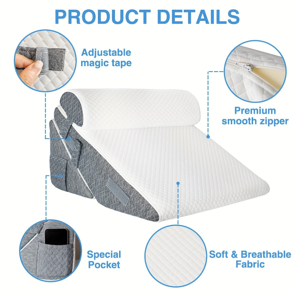 Wedge Pillow Headboard, 3pcs Bed Wedge Pillows Set for After Surgery, Adjustable Pillow Wedge for Acid RefluX & Snoring Relief, Sleeping, Back Pillow for Bed Sitting Up, Perfect for Couples Or Healthconscious Users, White/Grey Machine-Washable Cover