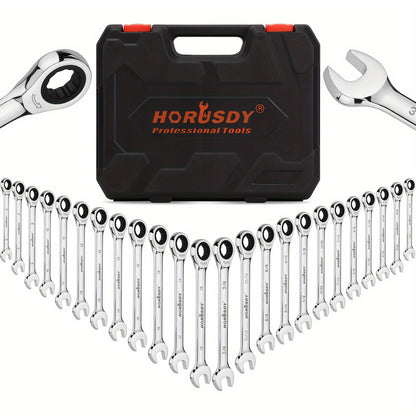 24pcs Ratchet Spanner Set, Metric and SAE, Ratcheting Spanners with Organizer, 72-Teeth Chrome Vanadium Steel 6-18mm & 1/4" to 3/4"