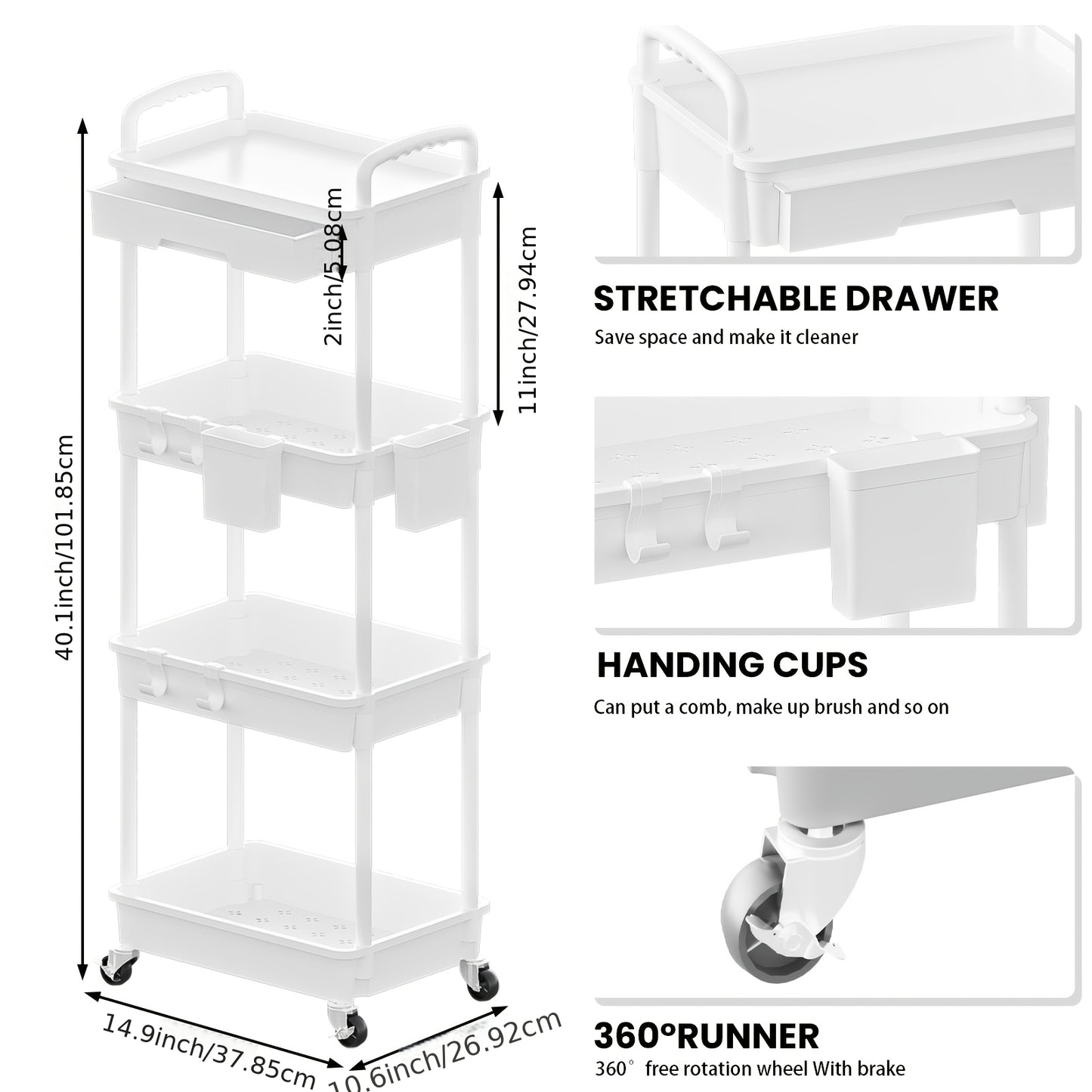 3 Tier/4 TierMultifunctional Rolling Cart With Drawer, Durable Plastic Rolling Cart- With Drawers And Lockable Wheels, Includes Practical Accessories Like Cup Holders And Hooks - Easy Assembly Storage Cart, For Kitchen, Bathroom, Living Room