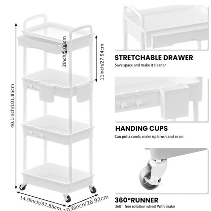 3 Tier/4 TierMultifunctional Rolling Cart With Drawer, Durable Plastic Rolling Cart- With Drawers And Lockable Wheels, Includes Practical Accessories Like Cup Holders And Hooks - Easy Assembly Storage Cart, For Kitchen, Bathroom, Living Room