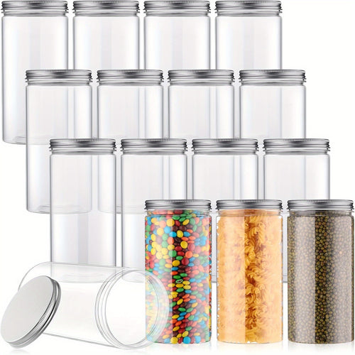 10/ 20pcs 500ml Clear Empty Plastic Jars with Silvery Screw Lids Round Plastic Jar Wide-mouth Straight Cylinder Containers, Storage Kitchen and Household Organization Cup for Dry Goods, Spice, Honey