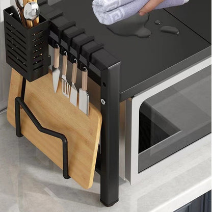 Heavy-Duty Retractable Microwave Stand Expandable Microwave Bracket with Storage Shelf, 6 Hooks, Chopstick//Cutting Board Holder - Adjustable Space-Saving Freestanding Shelf Suitable for Kitchen Countertops, Microwave Rack