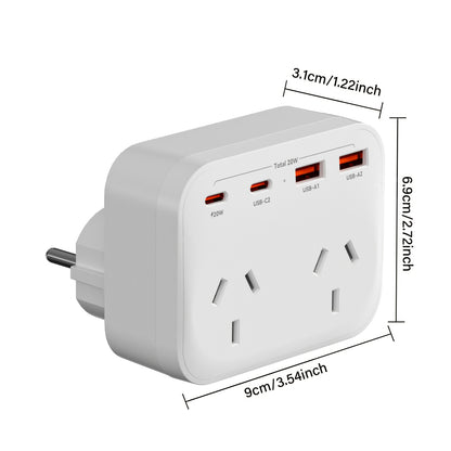 HEYMYTH Europe Travel Adapter from Australia / 4 USB Ports & USB-C Charger (EU Power Adapter) / All-In-One European Plug Adapter for Germany, France, Spain, Portugal, Netherlands, Greece, Bali / Universal Travel Power Point Converter