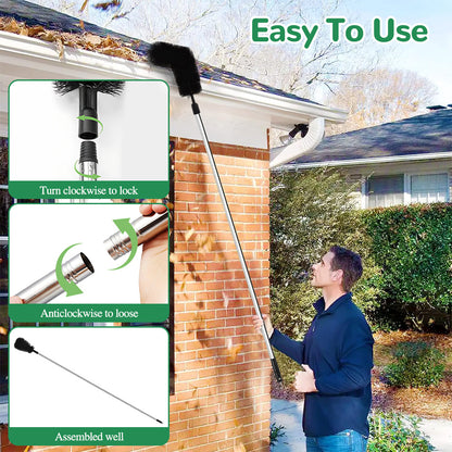 [No-Ladder Needed] Gutter Cleaning Tool Set - 2.8M, 7-Section, Durable Aluminum Alloy Tubes with Brush Head - No-Ladder Needed for Easy Leaf & Debris Removal