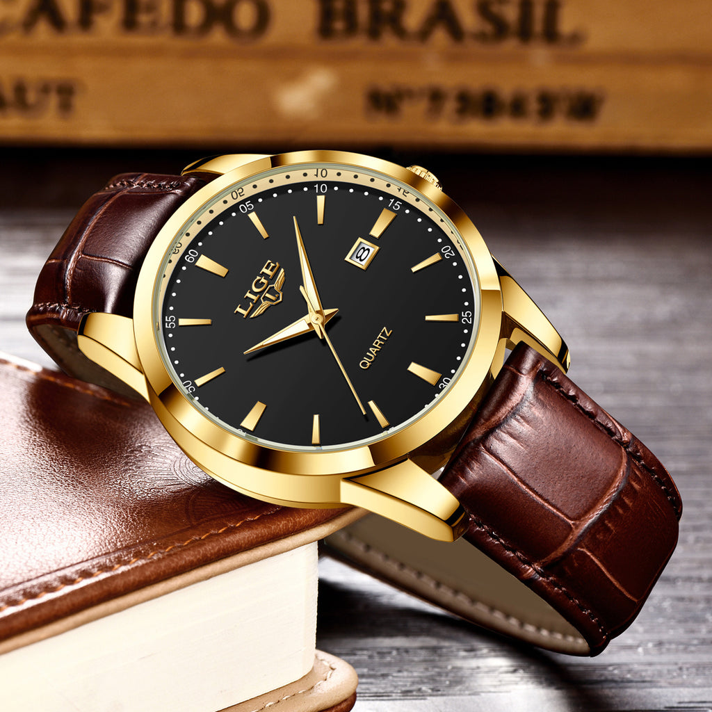 LIGE Fashion New Quartz Watch with Glow Businessmen Watch Single Calendar Three Needle Simple Pu Leather Band Watch Men's Business Watch