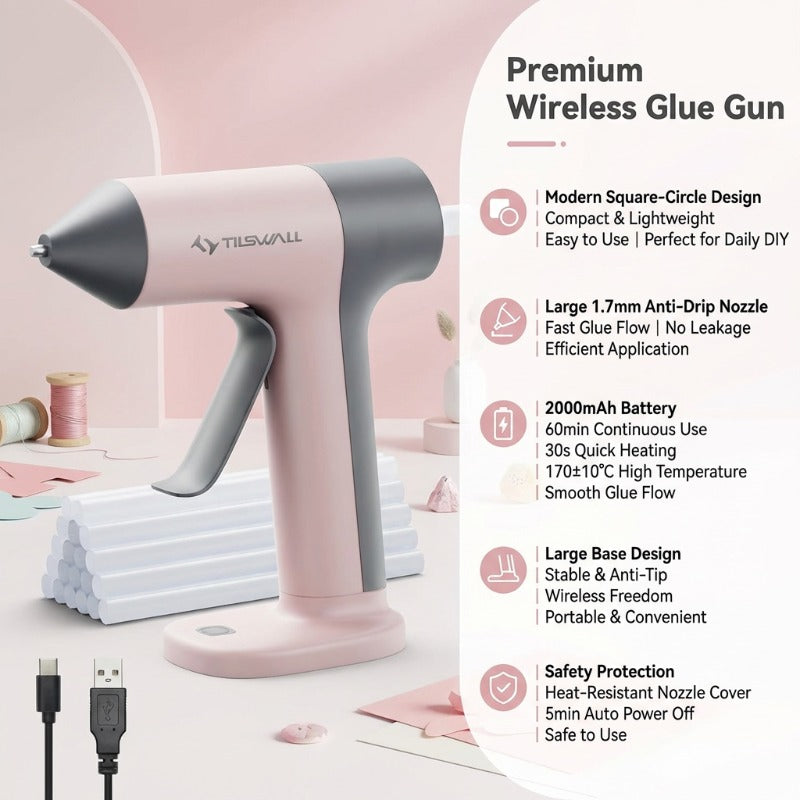 4V Cordless Hot Melt Glue Gun 30-Second Rapid Preheating Anti-Drip Design USB-C Rechargeable Home Repair Essential Includes 10 7MM High-Viscosity Glue Sticks Pink Glue Gun Craft Glue Gun- Glue Gun-Small Glue Gun