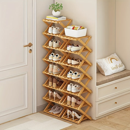 Folding Bamboo Shoe Rack, 7-Layer Narrow Space-Saving Storage Organizer for Various Room Types, No-Installation Required, 1 Shelf - Extendable Shoe Shelf for Small Spaces, Perfect for Bedroom, Entryway, Dorm