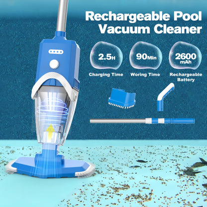 Advwin Handheld Pool Vacuum Cleaner, Cordless Powerful Spa Cleaner for Debris and Small Leaves, IPX8 Waterproof, Telescopic Pole and 90-Minute Runtime, for Hot Tubs Above Ground Pools, Blue