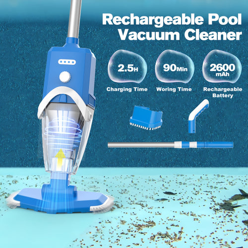 Advwin Handheld Pool Vacuum Cleaner, Cordless Powerful Spa Cleaner for Debris and Small Leaves, IPX8 Waterproof, Telescopic Pole and 90-Minute Runtime, for Hot Tubs Above Ground Pools, Blue