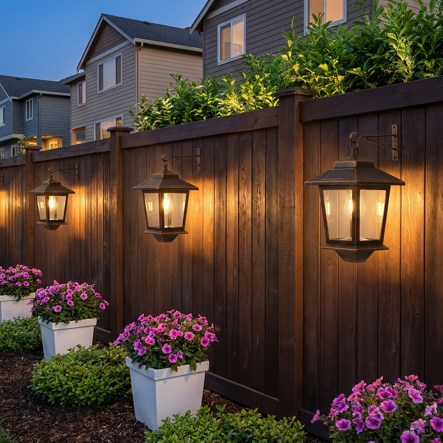 2 Pack Solar Wall Lanterns | Outdoor Hanging Solar Lights with 4 Solar Panels, Dusk to Dawn LED, Anti-Rust, 3000K Warm White, Metal Material