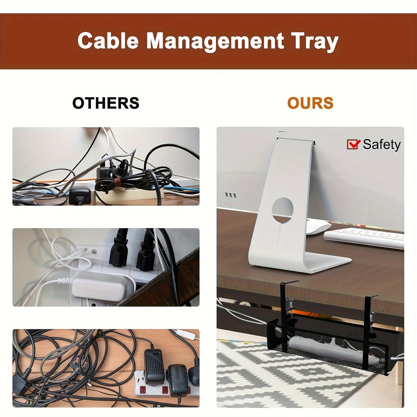 Under Desk Cable Management Tray No Drill Cable Management Box with Clamp for Wire Organizer Under Table Wire Management Tray Cord Organizer Rack Basket for Office & Home Standing Desk Black&White