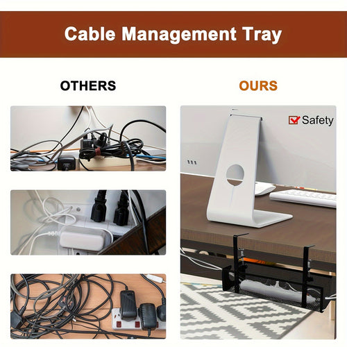 Under Desk Cable Management Tray No Drill Cable Management Box with Clamp for Wire Organizer Under Table Wire Management Tray Cord Organizer Rack Basket for Office & Home Standing Desk Black&White