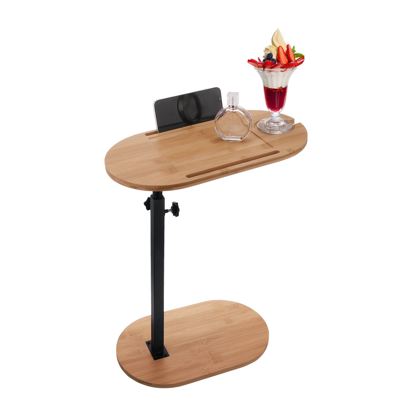 Freestanding Sofa Couch Side Table 360° Swivel Height Adjustable C Shape Bedside End Table Bath Spa Tub Caddy Tray Glass Hanger Rack Phone Holder Candle Book Storage Shelf