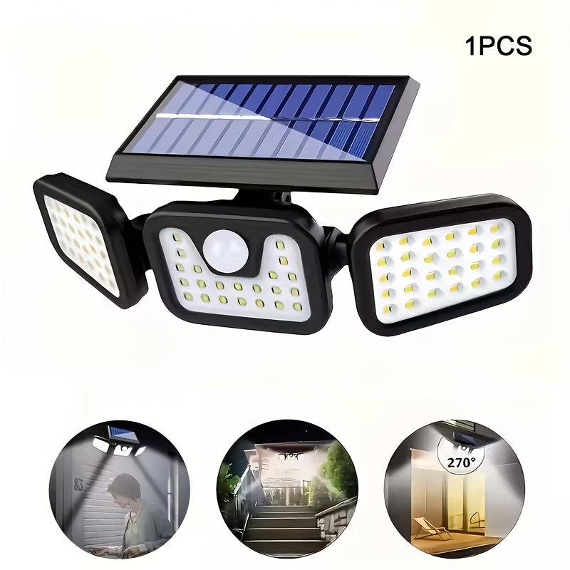 2/1pc 74LED Solar Outdoor Three-Head Sensor Wall Lamp, IP55 with 74 LED Light Beads, Wide-Angle Lighting, 3 Modes, Suitable for Garden, Courtyard, Street, Garage, Terrace And Porch Lighting