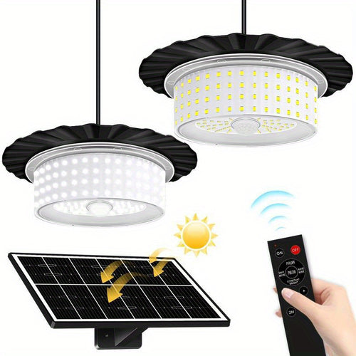 1/2-Packs Solar Shed Light with Remote Control, 244 LED Solar Powered Pendant Light, Motion Sensor & IP65, Outdoor/Indoor Hanging light with Adjustable Gooseneck, Solar Panel, for Garage, Patio, Camping, Garden, Barn, Garden Illumination