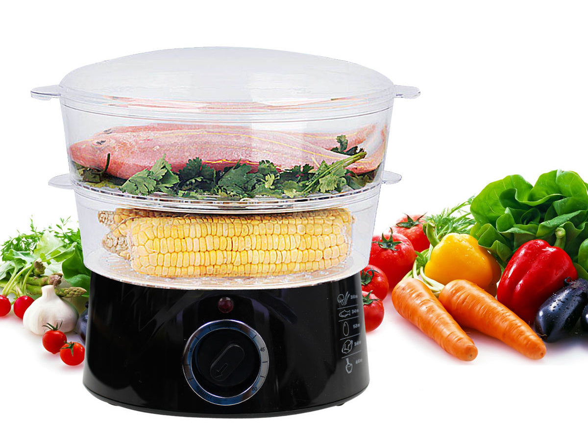 5L Steam Cooker Steamer 2 Tray 400W Power Dial Timer Healthy Stackable
