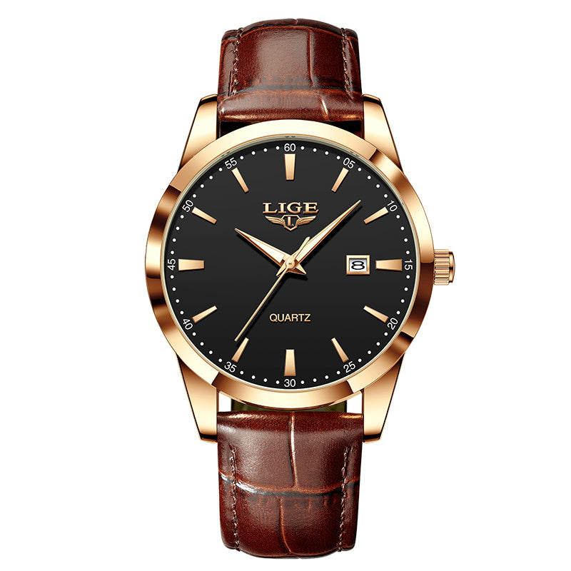 LIGE Fashion Brown Faux Leather Watch for Men, Sports Quartz Wristwatch, Casual Chronograph