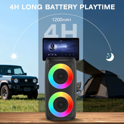 Recently Enhanced 5000W Wireless Speaker with a Wireless Subwoofer, Ideal for Festival Portability. It Features a Built-In Wired Microphone, Seven Lighting Modes, Wireless 5.0, Dual 3-Inch Woofers, a 1200Mah Battery, And TF Card Support