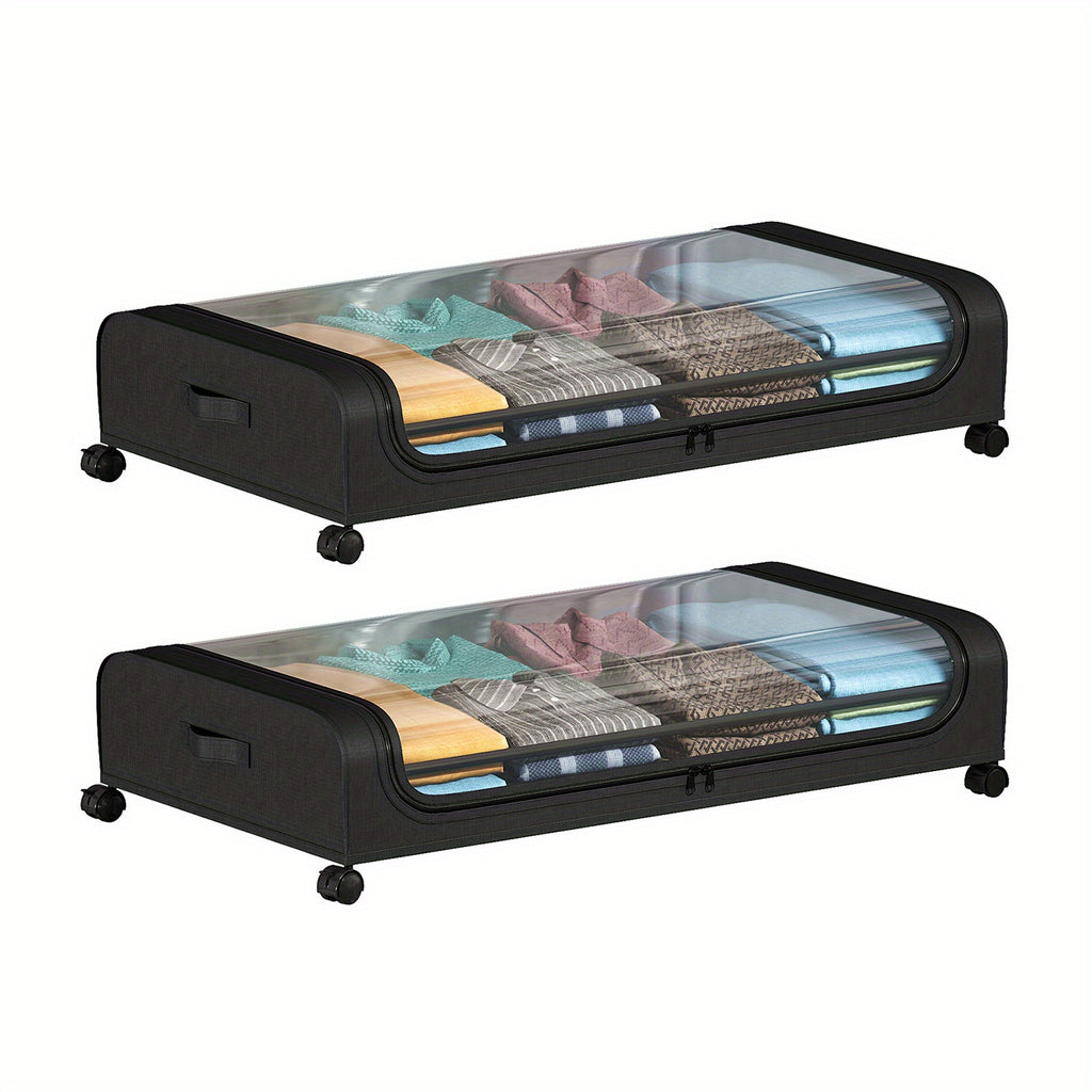 2pcs Underbed Storage Box with Wheels, Tool Free Assembly, Foldable Shoe Storage Box with Lid_ Black, Under-Bed Storage