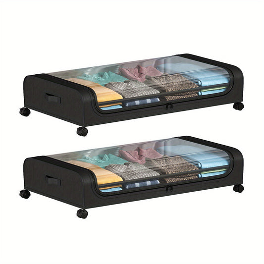 2pcs Underbed Storage Box with Wheels, Tool Free Assembly, Foldable Shoe Storage Box with Lid_ Black, Under-Bed Storage