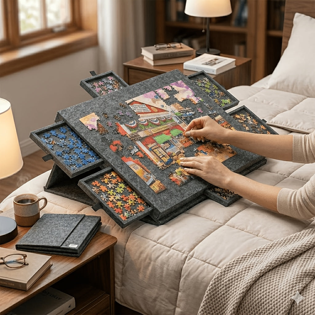Portable 6- Drawer Felt Puzzle Board- Compact Foldable Design for Easy Storage& Sorting, Ideal for 100- 1000pcs Jigsaw Puzzles