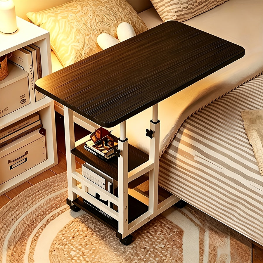 Adjustable Height Side Table, Bedside Table, Removable Desk with 4 Universal Wheels, Double-Layer Storage Shelf, Wooden Mobile Desk with Storage Shelves, No Electricity Required, for Home, Bedroom, Dorm, Laptop Stand, Desk & Drawer Organizer