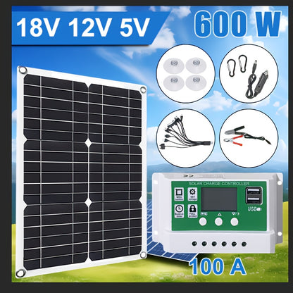 Set of 1 Or 2pcs of 600-Watt Solar Panels, Featuring a 100-Amp Solar Charge Controller Along with Extension Cables And Battery Clips, Offers Energy for Aircraft And Is Ideal for Rvs, Campers, Vehicles, Caravans, And Outdoor Lighting at Home