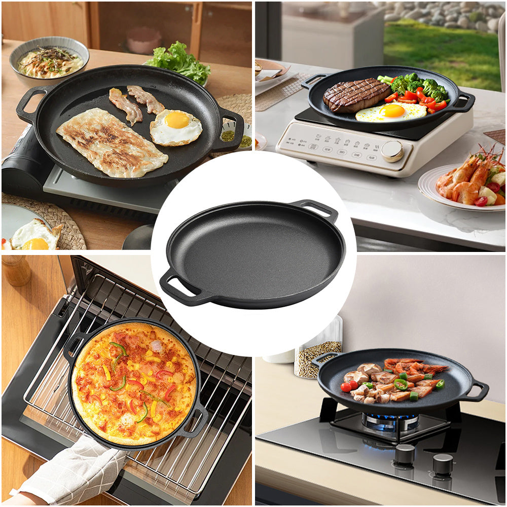 Multi-Function Cast Iron Griddle Skillet - Non-Stick Pan For Pizza, BBQ, Pancakes - Compatible with All Stovetops, Double-Handled Flat Skillet Ideal for Home Kitchen and Outdoor Cooking