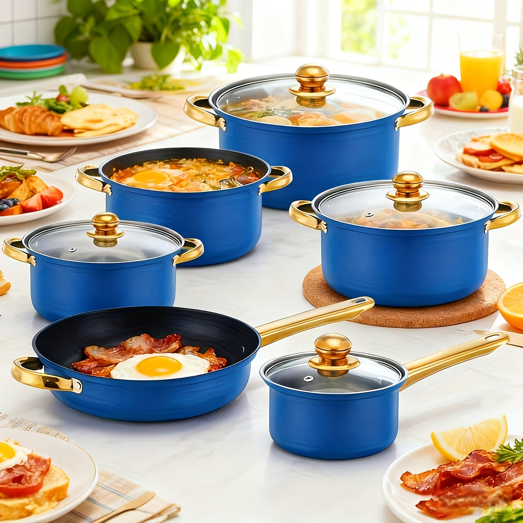 12pcs Cookware Set, Made Of Durable Stainless Steel. Do Not Use An Open Flame; It's A Low-temperature Non-stick Cookware Set (including Frying Pan And Milk Pan), Ideal As A Gift Set