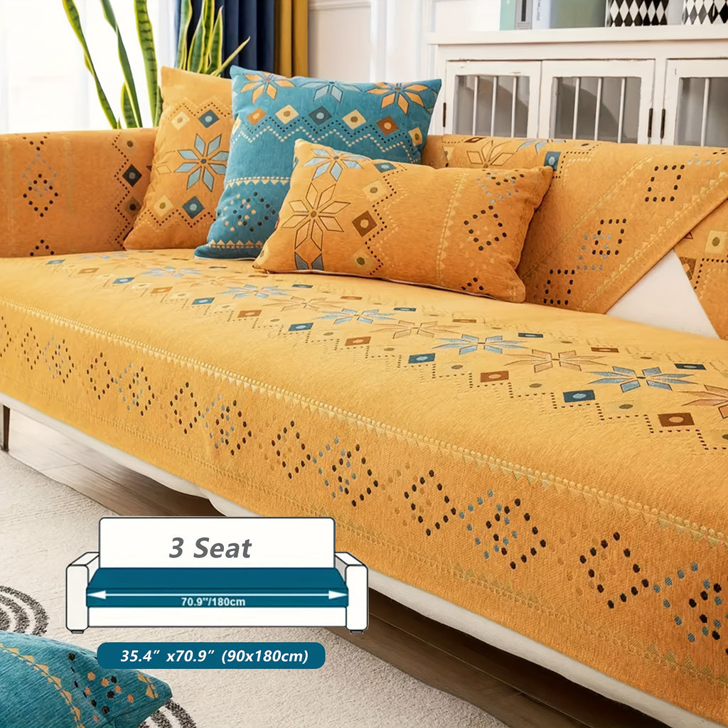 1pc Bohemian Chenille Sofa Cover with Geometric Embroidery - Pet-Friendly Thick Plush Slipcover, Non-Slip One-Piece Design for Sectional Couches, Machine Washable Furniture Protector for Living Room, Bedroom, Office Decor, Durable Slipresistant Fabric