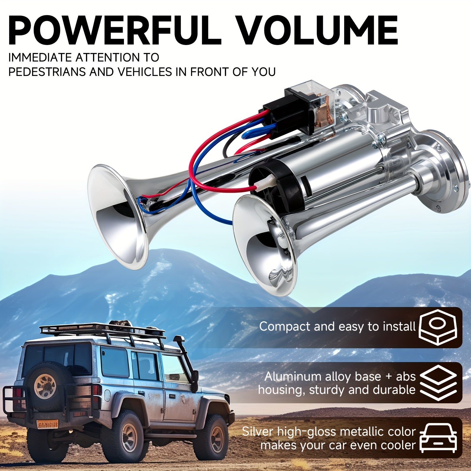 ALLRE Car Horn 12V Universal Air Horns Train Horn for Truck Super Loud Air Horn Dual Trumpets with Compressor Kit for Any 12V Vehicles (Black Air Horn with Switch Button)