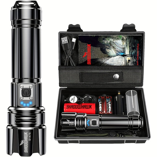LED Torch Rechargeable Flashlight with High Lumens, Shadowhawk XHP70.2 Super Bright Torch, High Powered Torches, Powerful Handheld Tactical Flashlight for Emergency Camping Hiking Gift
