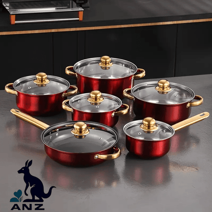 6 Pots And 6 Lids Multifunctional Stainless Steel Kitchen Stew Pot Set in Red And Blue, Suitable for Steaming, Frying, Camping And Traveling, Small Cookware, Cookware Set, Modern Kitchenware, Durable Cookware, Multi-Purpose Cookware, Home Chef, Camping Es