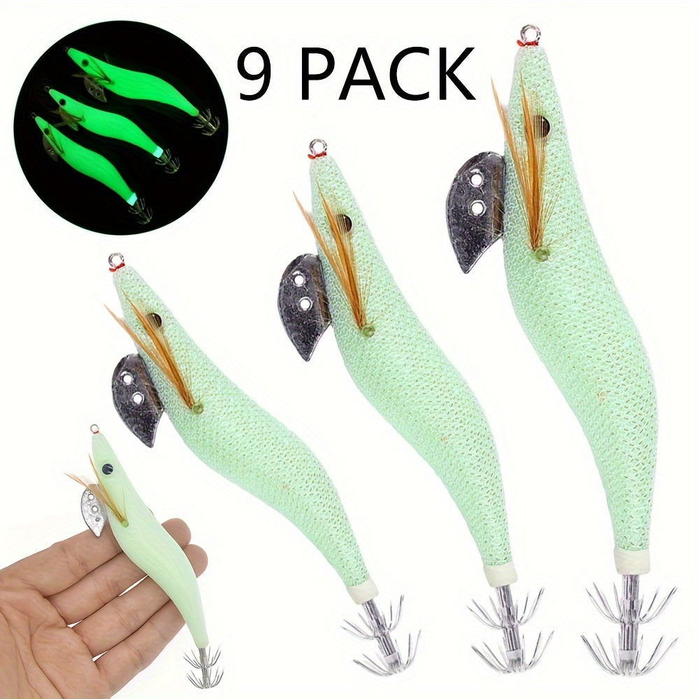 9pcs Squid Jig Hard Fishing Lures Artificial Spinner Lures Kit Jig Hook Shrimps Prawn Luminous Tail Glow in Dark Size 2.5# 3.0# 3.5#