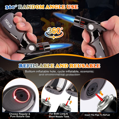 Cooking Torch with High Temperature Flame, 4-Jet Flame Refillable Butane Fuel Lighter (Temperature Up to 2500°F), Windproof Cooking Torch for Grill BBQ, Gas Fireplace, Fire Camping, Kitchen Lighter Torch Flame (Butane Gas Not Included)