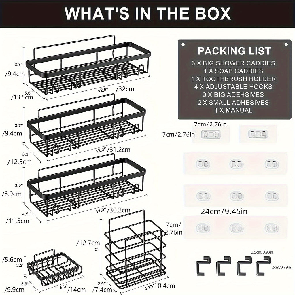 Shower Storage Solution, Bathroom Organizers for Showers, Black Shelves Designed for Use in The Shower Featuring a Soap Holder And Toothbrush Compartment, Stainless Steel Wall-Mounted Baskets with Adhesive (Set of 5)