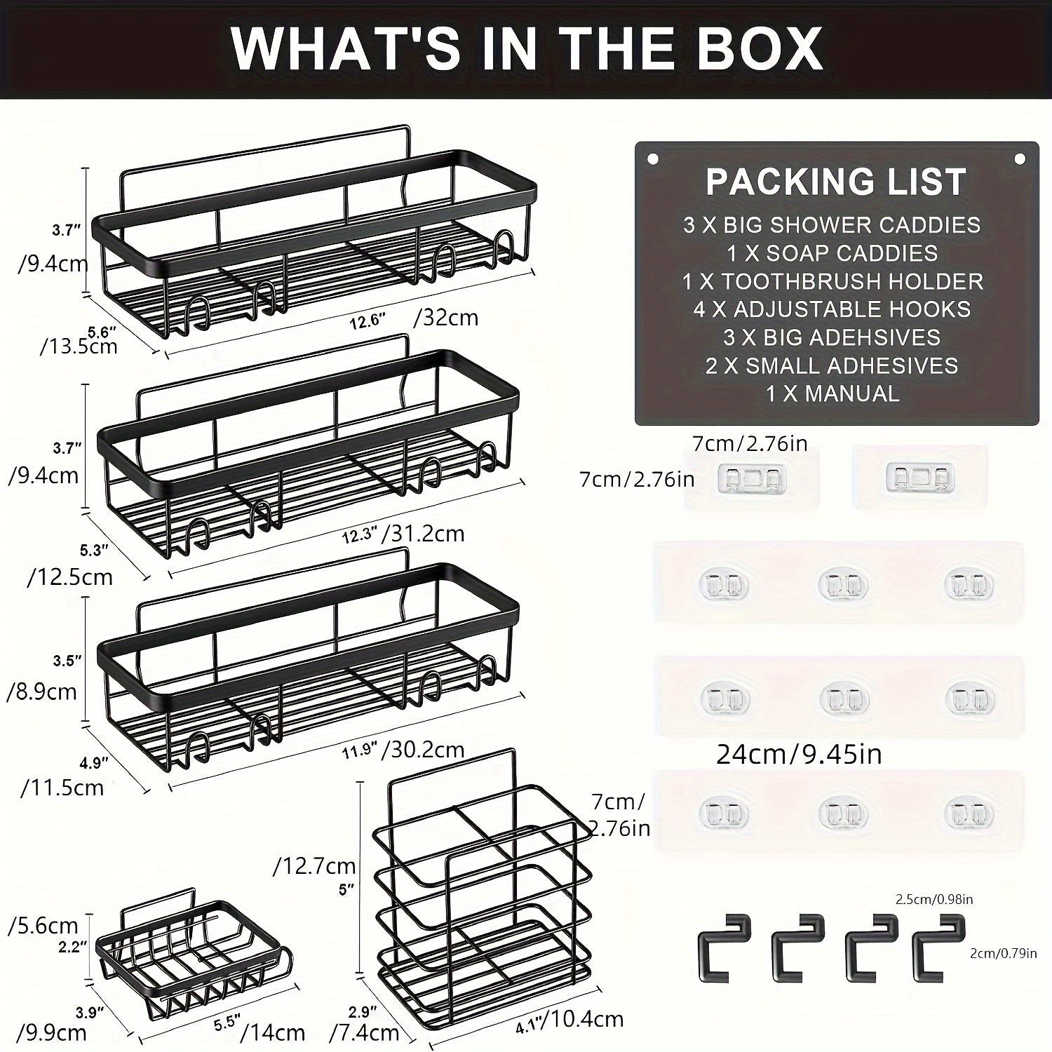 Shower Storage Solution, Bathroom Organizers for Showers, Black Shelves Designed for Use in The Shower Featuring a Soap Holder And Toothbrush Compartment, Stainless Steel Wall-Mounted Baskets with Adhesive (Set of 5)