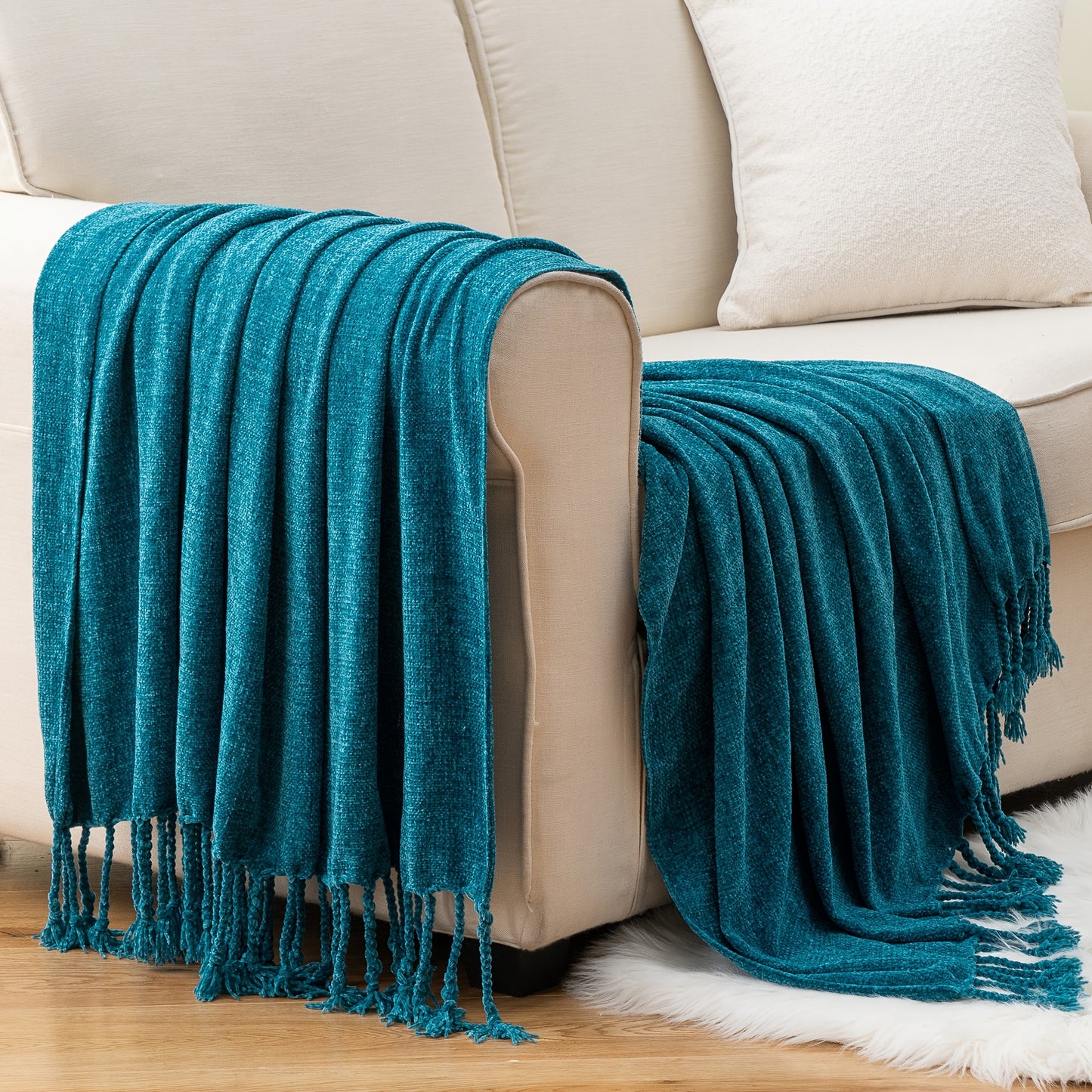 Chenille Throw Blanket for Couch, Decorative Fringe Velvety Throw Blanket for Sofa Home Decor, 127.0cm x 152.4cm