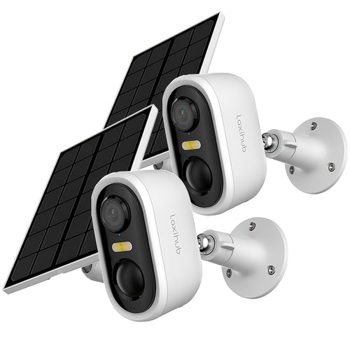 Laxihub 2pcs Solar Battery Security Camera Wireless Outdoor, 3MP Night Vision with Spotlight, Wire-Free Battery Solar Powered, Human Detection, with Solar Panel, PIR Human Detection, 2-Way Talk,, SD Card/Cloud Storage, Security Cameras Wireless