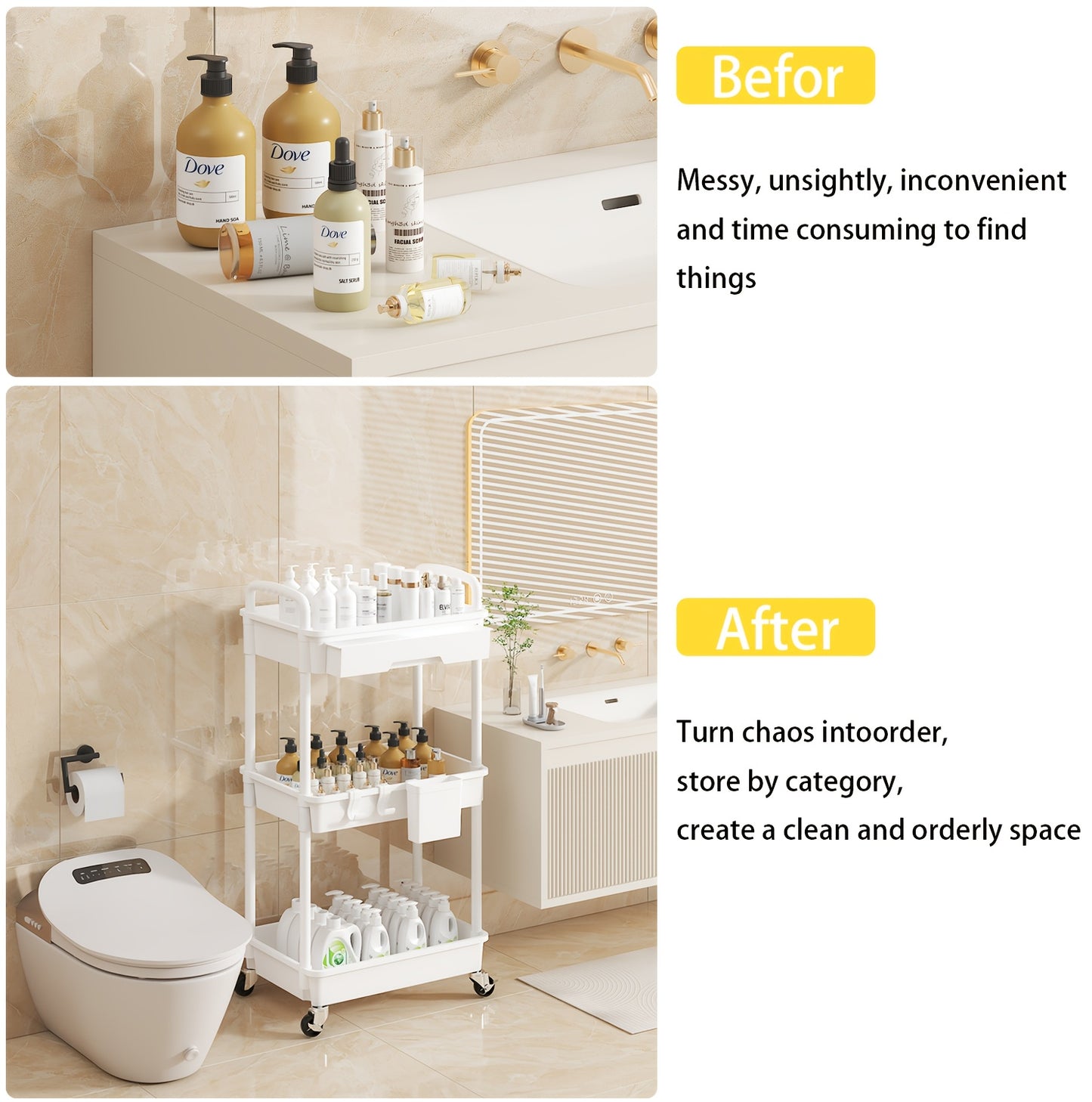 3 Tier/4 TierMultifunctional Rolling Cart With Drawer, Durable Plastic Rolling Cart- With Drawers And Lockable Wheels, Includes Practical Accessories Like Cup Holders And Hooks - Easy Assembly Storage Cart, For Kitchen, Bathroom, Living Room