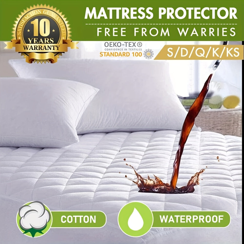 1pc 100% Waterproof Quilted Mattress Protector - Luxury Soft Comfort Waterproof Mattress Protector - Machine Washable, Breathable, Protection for Bedroom And Hotel - White