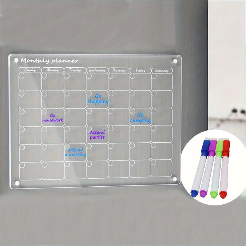 Magnetic Dry Erase Fridge Calendar Set - Acrylic Weekly Planner with Pen Holder, Eraser & 4 Markers (Colors Vary)