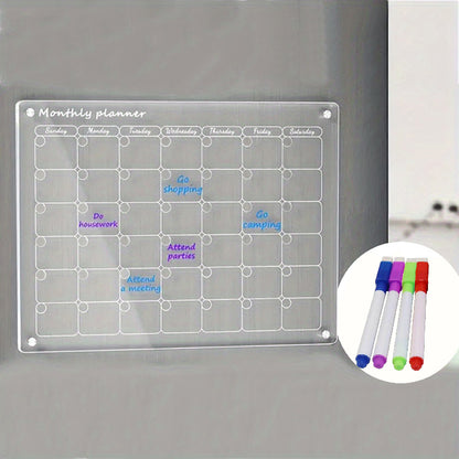 Magnetic Dry Erase Fridge Calendar Set - Acrylic Weekly Planner with Pen Holder, Eraser & 4 Markers (Colors Vary)