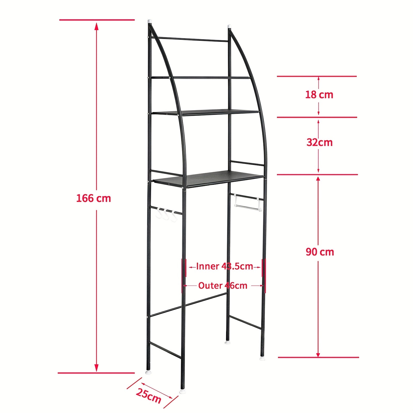3-Tier Over Toilet Rack Bathroom Organizer Laundry Washing Machine Steel Storage Shelf Towel Accessories Hook Paper Roll Holder White Black, Shelves